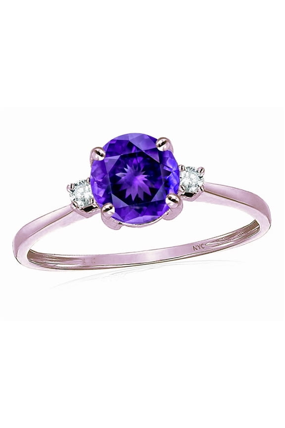 � 7mm Round Genuine Amethyst Classic Three 3 stone Engagement Promise Wedding Ring