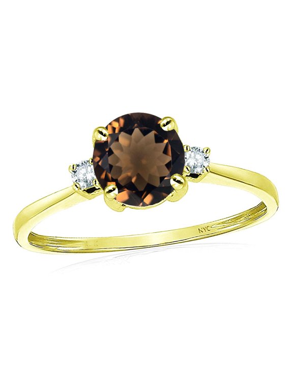 � 7mm Round Genuine Smoky Quartz Classic Three 3 stone Engagement Promise Wedding Ring