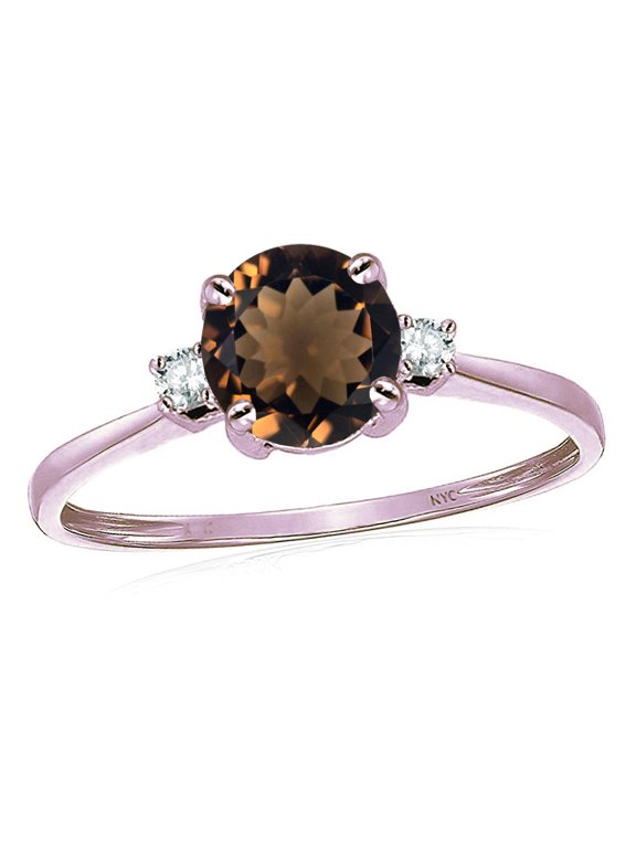 � 7mm Round Genuine Smoky Quartz Classic Three 3 stone Engagement Promise Wedding Ring