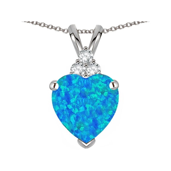 Star K� 8mm Heart Shape Blue Created Opal Three Stone Pendant Necklace