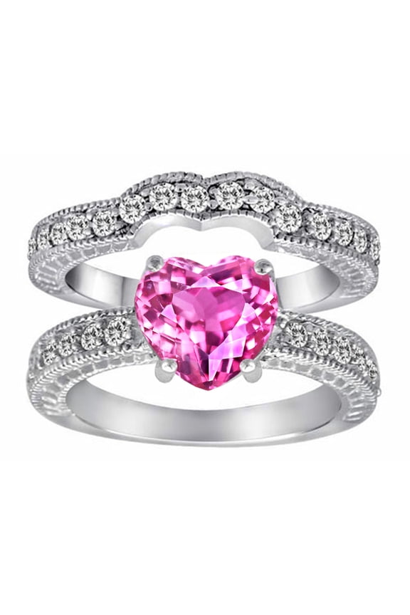 � 8mm Heart Shape Created Pink Sapphire Wedding Set