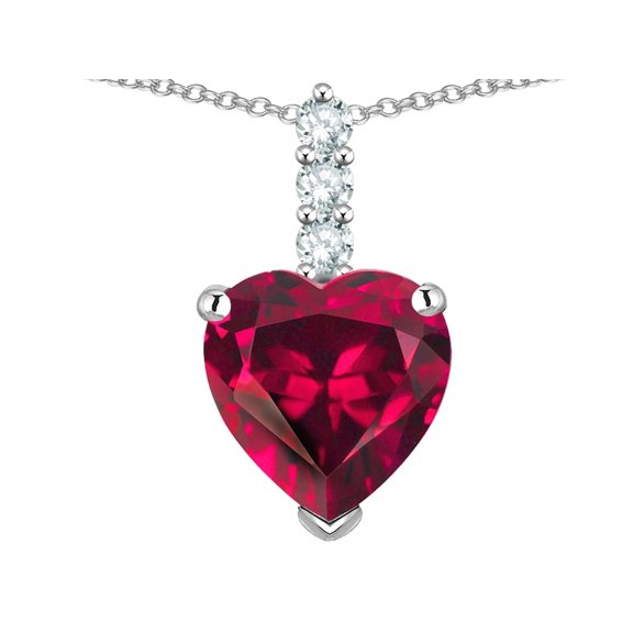 Star K � 8mm Heart Shaped Created Ruby Three Stone Pendant Necklace