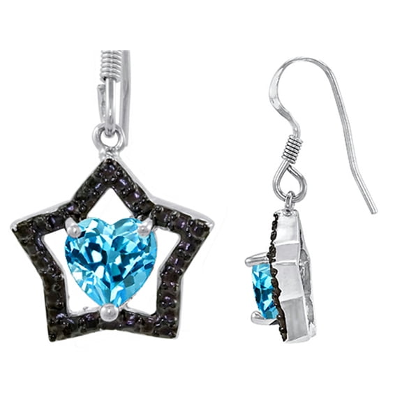 Star K� 925 Heart Shaped Genuine Blue Topaz Black Star Hanging Hook Earrings
