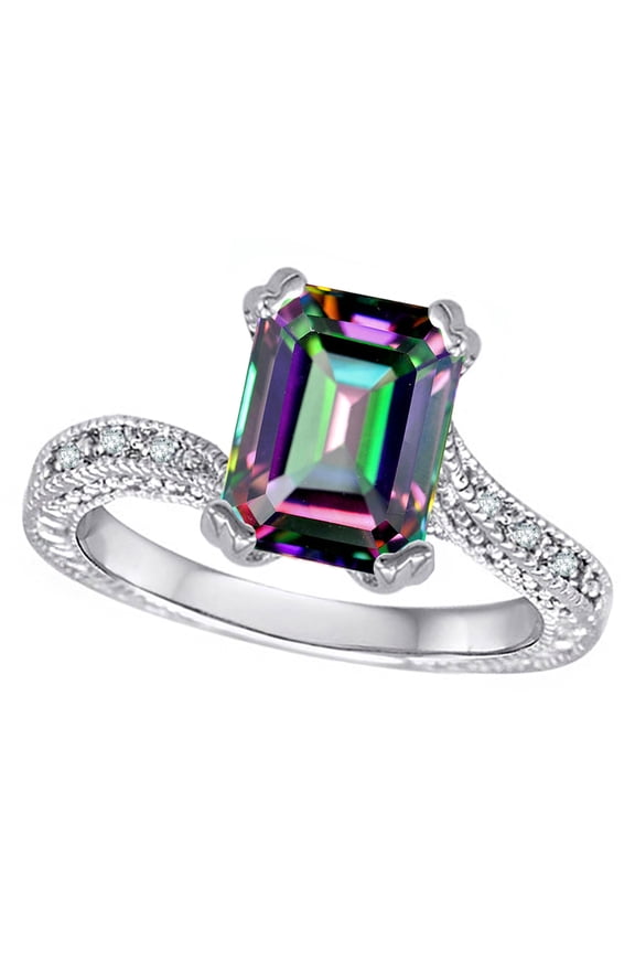 � Antique Vintage Style Emerald Cut 8x6 Rainbow Mystic Topaz Solitaire Engagement Promise Ring