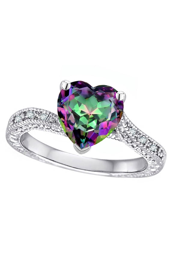 � Antique Vintage Style Heart Shape 8mm Rainbow Mystic Topaz Solitaire Engagement Promise Ring