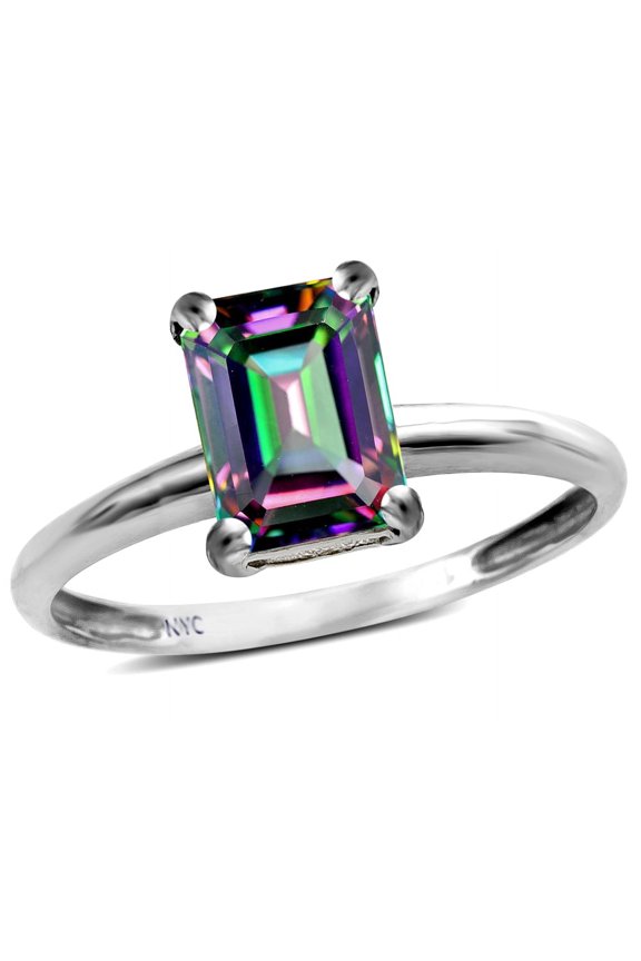 � Classic Octagon Emerald Cut 8x6mm Rainbow Mystic Topaz Solitaire Engagement Promise Ring