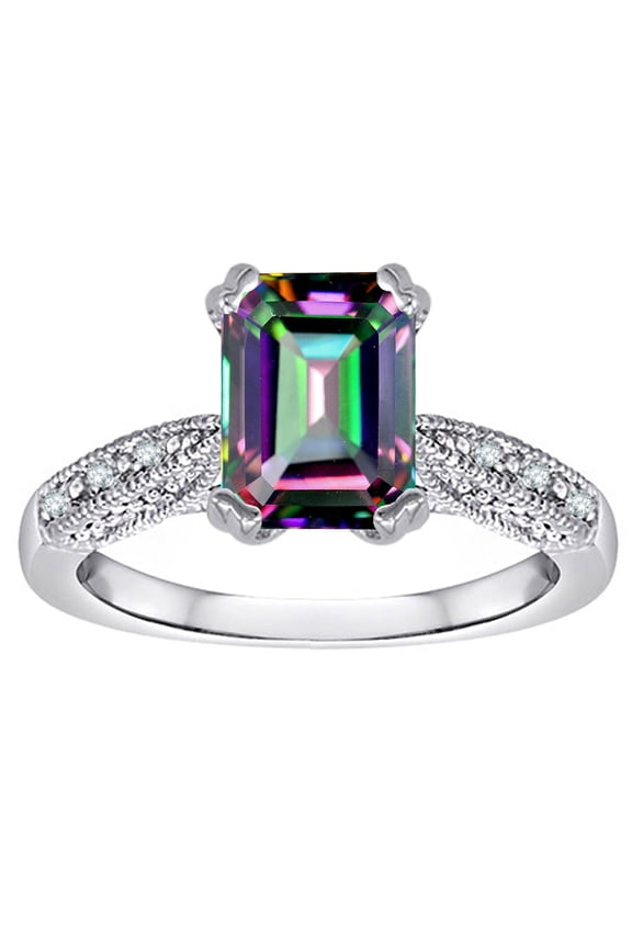 � Emerald Cut 8x6 Rainbow Mystic Topaz Antique Vintage Style Solitaire Engagement Promise Ring