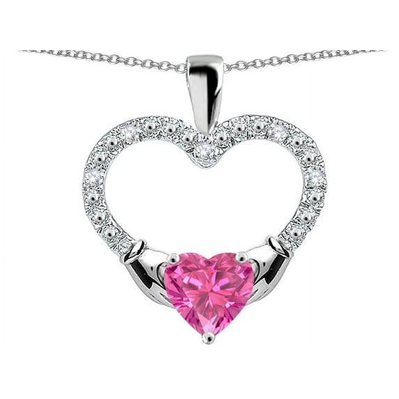 Star K� Hands Holding Heart Created Pink Sapphire Claddagh Pendant Necklace