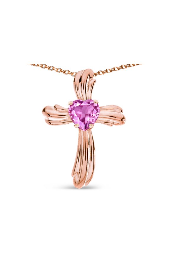 Heart Shape 6mm Created Pink Sapphire Ribbed Cross Of Love Pendant Necklace 14k Rose Gold