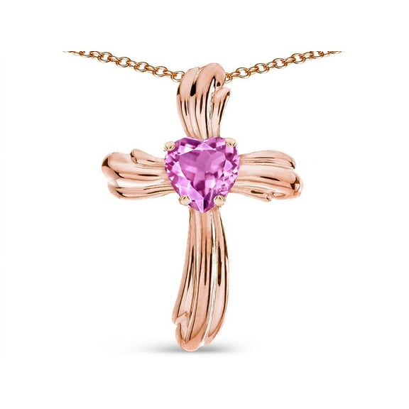 Star K� Heart Shape 6mm Created Pink Sapphire Ribbed Cross Of Love Pendant Necklace 14k Rose Gold