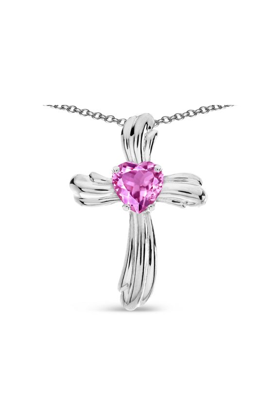 Heart Shape 6mm Created Pink Sapphire Ribbed Cross Of Love Pendant Necklace