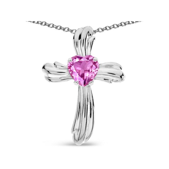 Star K� Heart Shape 6mm Created Pink Sapphire Ribbed Cross Of Love Pendant Necklace