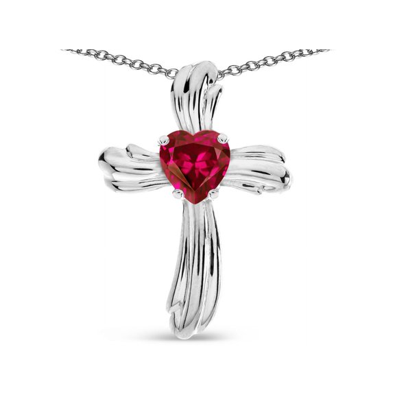 Star K� Heart Shape 6mm Created Ruby Ribbed Cross Of Love Pendant Necklace