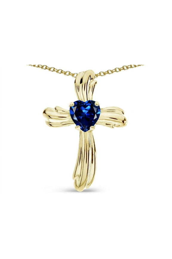 Heart Shape 6mm Created Sapphire Ribbed Cross Of Love Pendant Necklace 14k Yellow Gold