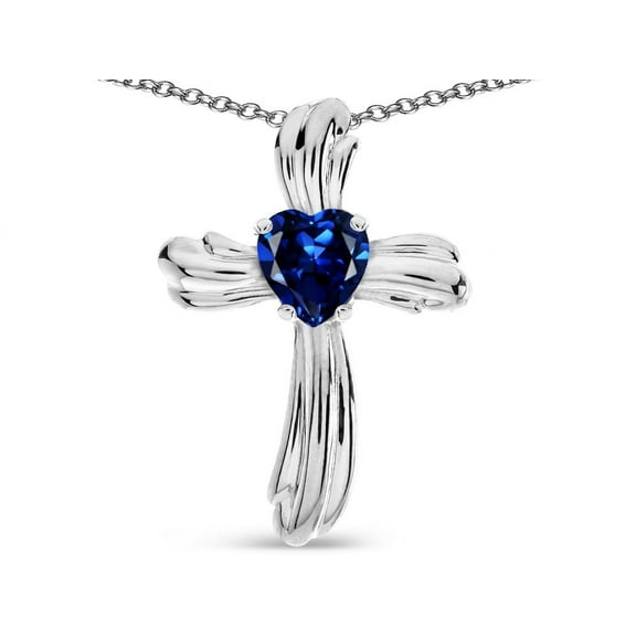 Star K� Heart Shape 6mm Created Sapphire Ribbed Cross Of Love Pendant Necklace
