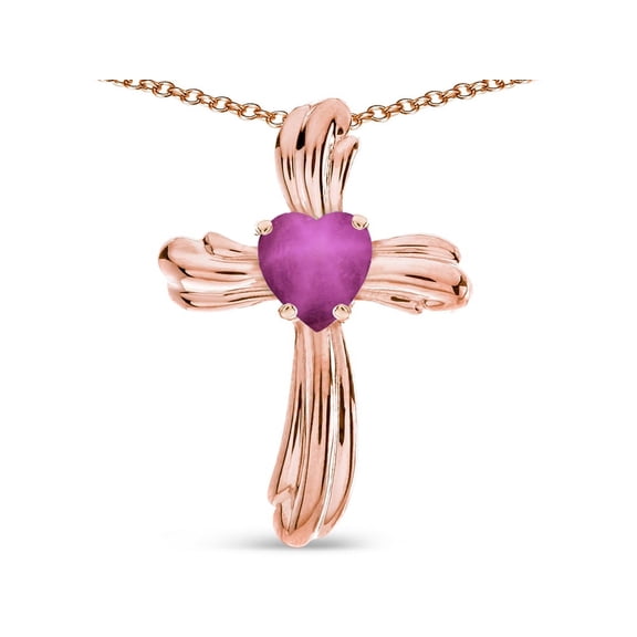 Star K� Heart Shape 6mm Created Star Ruby Ribbed Cross Of Love Pendant Necklace 10k Rose Gold