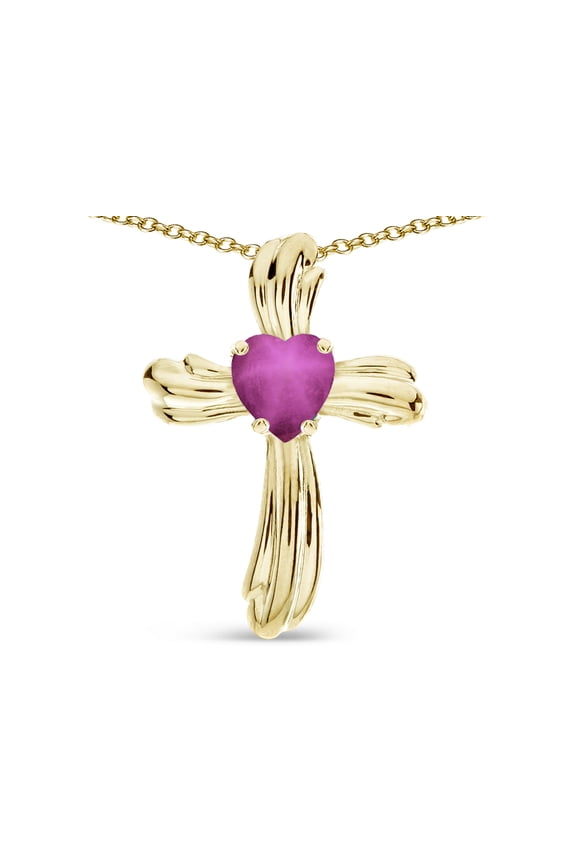 Heart Shape 6mm Created Star Ruby Ribbed Cross Of Love Pendant Necklace 10k Yellow Gold