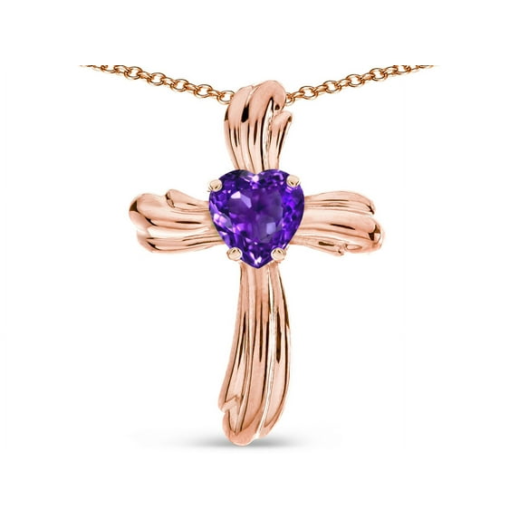 Star K� Heart Shape 6mm Genuine Amethyst Ribbed Cross Of Love Pendant Necklace 14k Rose Gold