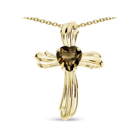 Star K� Heart Shape 6mm Genuine Smoky Quartz Ribbed Cross Of Love Pendant Necklace 14k Yellow Gold