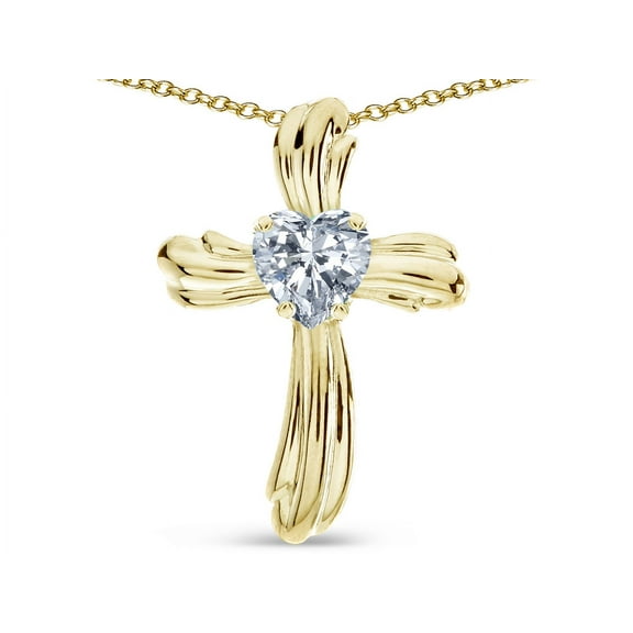 Star K� Heart Shape 6mm Genuine White Topaz Ribbed Cross Of Love Pendant Necklace 14k Yellow Gold
