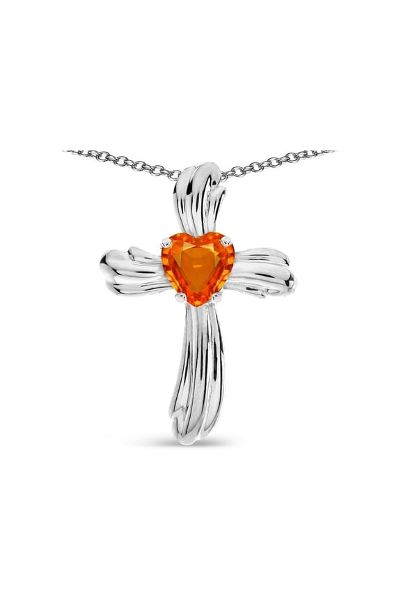 Heart Shape 6mm Simulated Orange Mexican Fire Opal Ribbed Cross Of Love Pendant Necklace