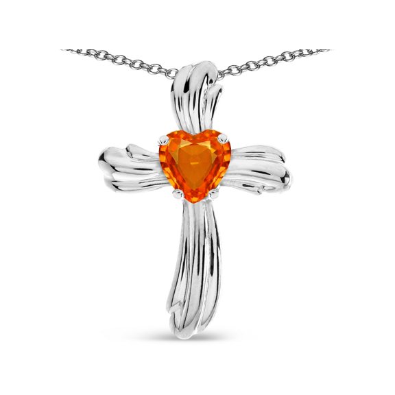 Star K� Heart Shape 6mm Simulated Orange Mexican Fire Opal Ribbed Cross Of Love Pendant Necklace