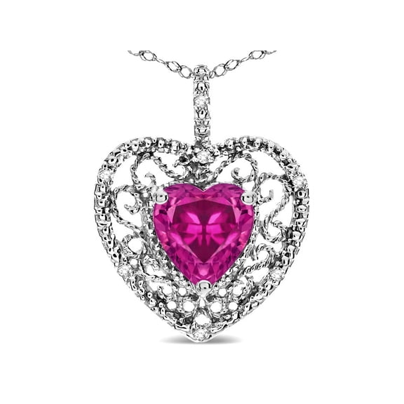 Star K� Heart Shape 8mm Simulated Pink Tourmaline filigree Heart Pendant Necklace 10k White Gold