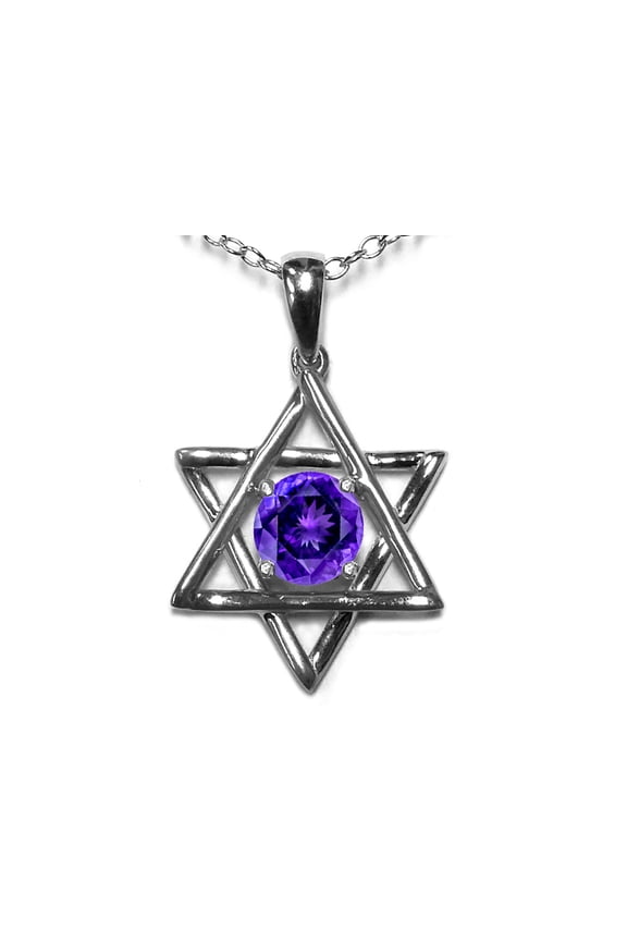� Jewish Star of David Pendant Necklace with Round Genuine Amethyst