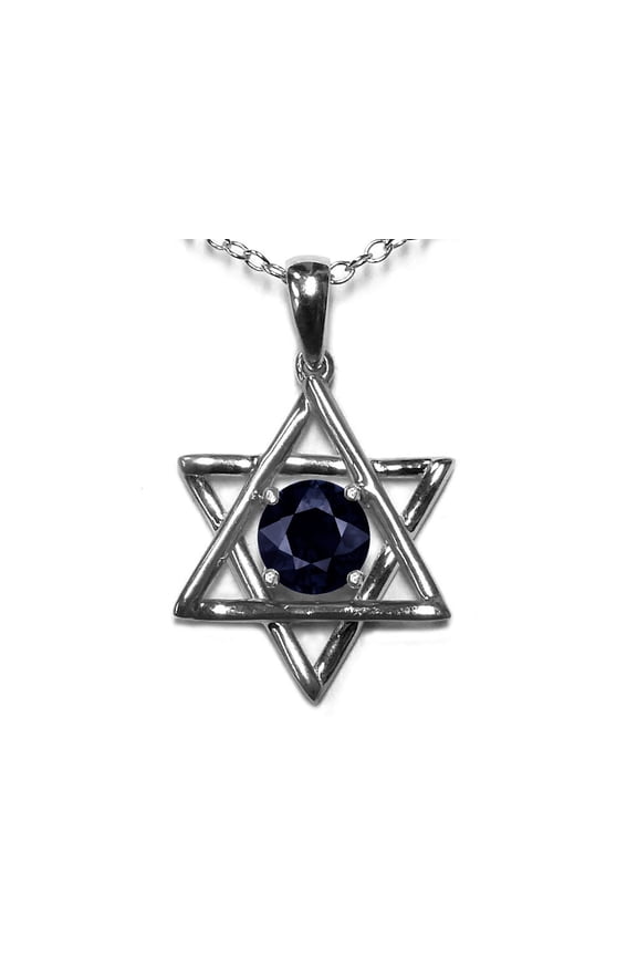 � Jewish Star of David Pendant Necklace with Round Genuine Black Sapphire