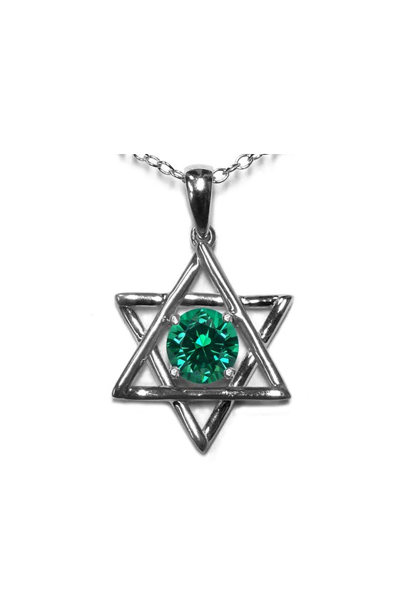� Jewish Star of David Pendant Necklace with Round Simulated Emerald