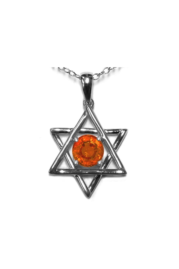 � Jewish Star of David Pendant Necklace with Round Simulated Orange Mexican Fire Opal