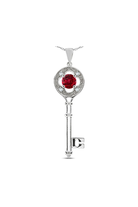Key to my Heart Clover Key Pendant Necklace with Round Created Ruby