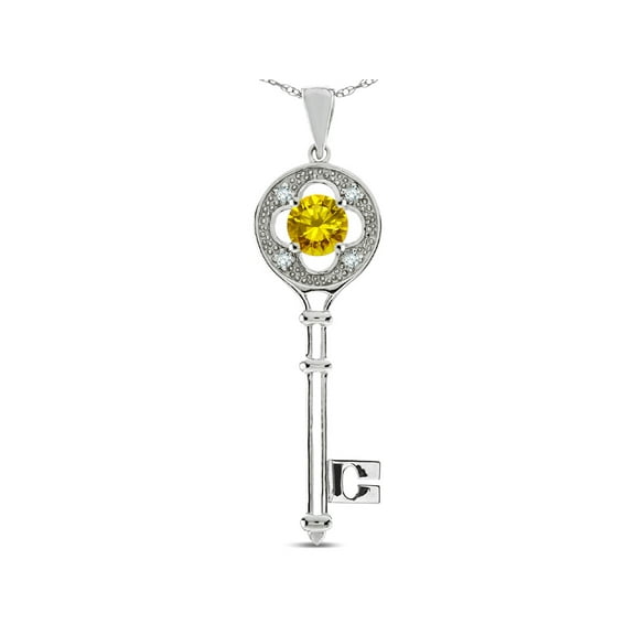 Star K � Key to my Heart Clover Key Pendant Necklace with Round Genuine Citrine