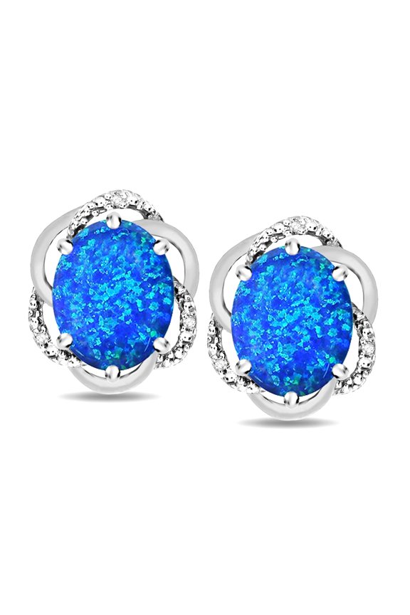 � Large Love Knot Earrings with Oval 8 x 6mm Blue Created Opal
