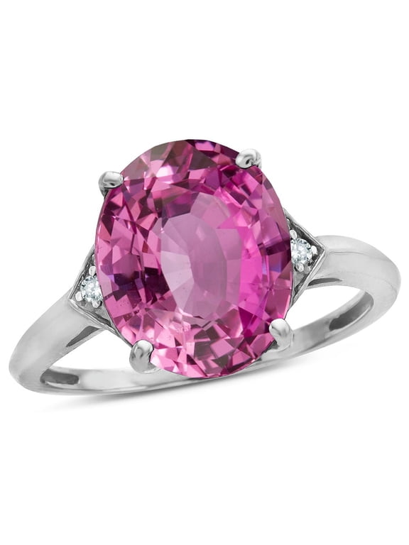 � Large Oval 12x10 Created Pink Sapphire 3 Stone Trillion Setting Ring