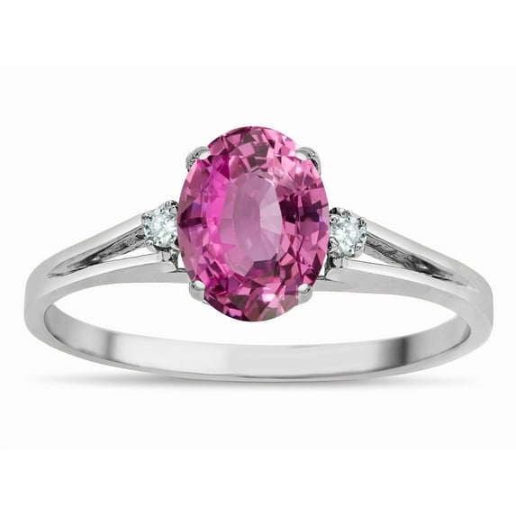Star K � Oval 8x6 Created Pink Sapphire Split Shank Three Stone Engagement Promise Ring