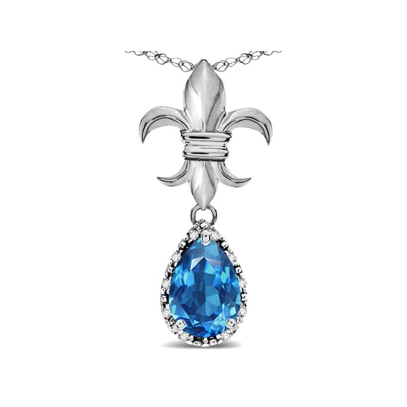 Star K � Pear Shape 8x6mm Genuine Blue Topaz Fleur De Lis Pendant Necklace 18k White Gold