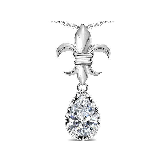 Star K � Pear Shape 8x6mm Genuine White Topaz Fleur De Lis Pendant Necklace 14k White Gold