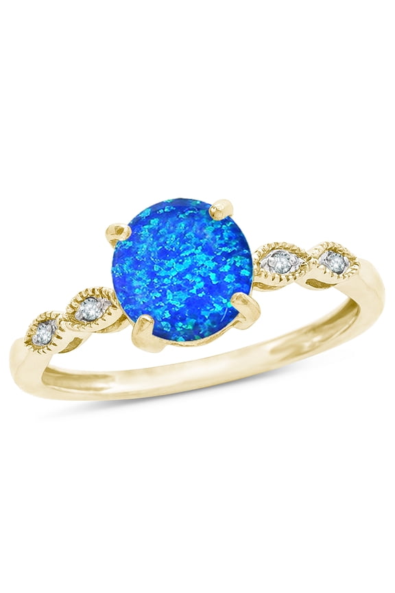 � Round 7mm Created Blue Opal Vintage Antique Look Engagement Promise Ring