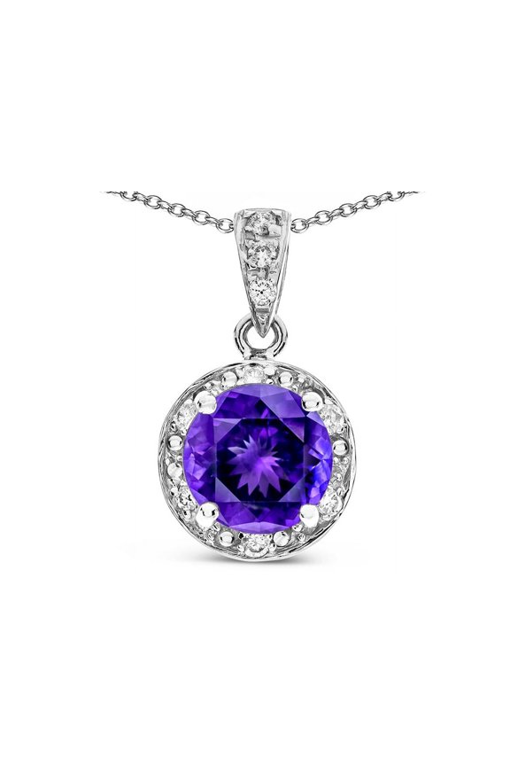 Round 7mm Genuine Amethyst Classic Halo Pendant Necklace
