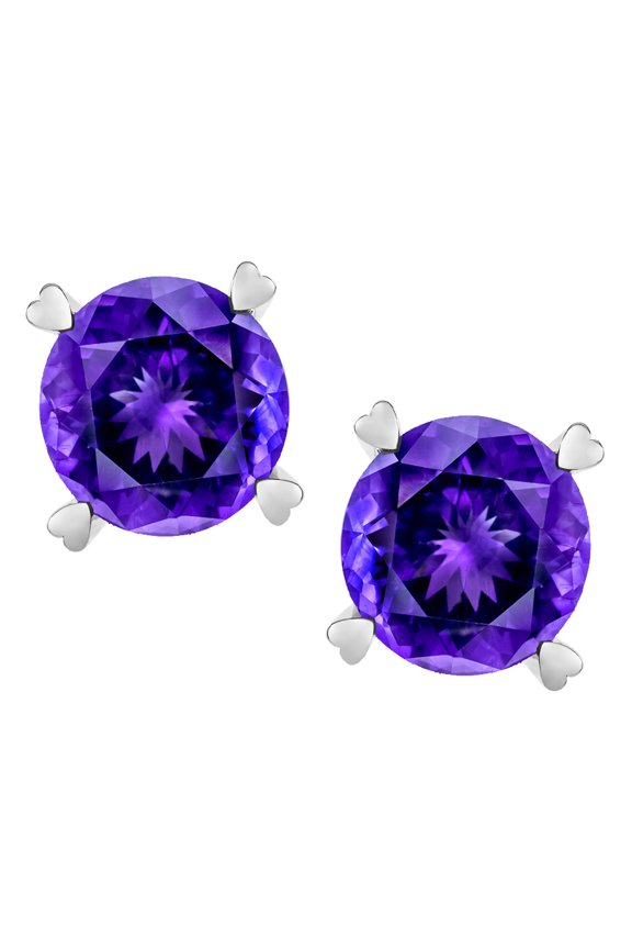 � Round 7mm Genuine Amethyst Screw Back Stud Earrings with Heart Prongs