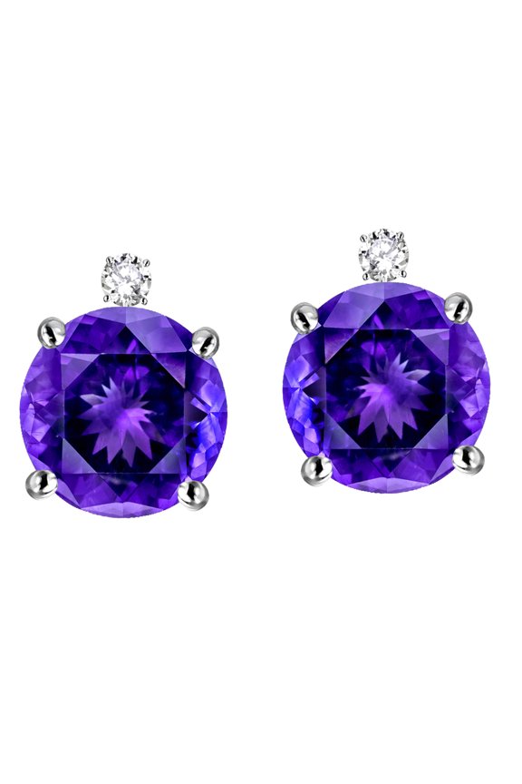 � Round 7mm Genuine Amethyst Stud Earrings with Accent Stone on Top