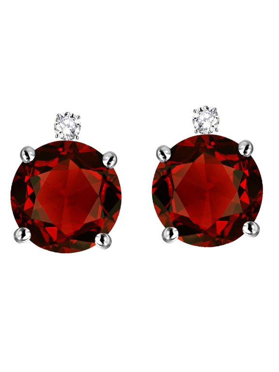 � Round 7mm Genuine Garnet Stud Earrings with Accent Stone on Top