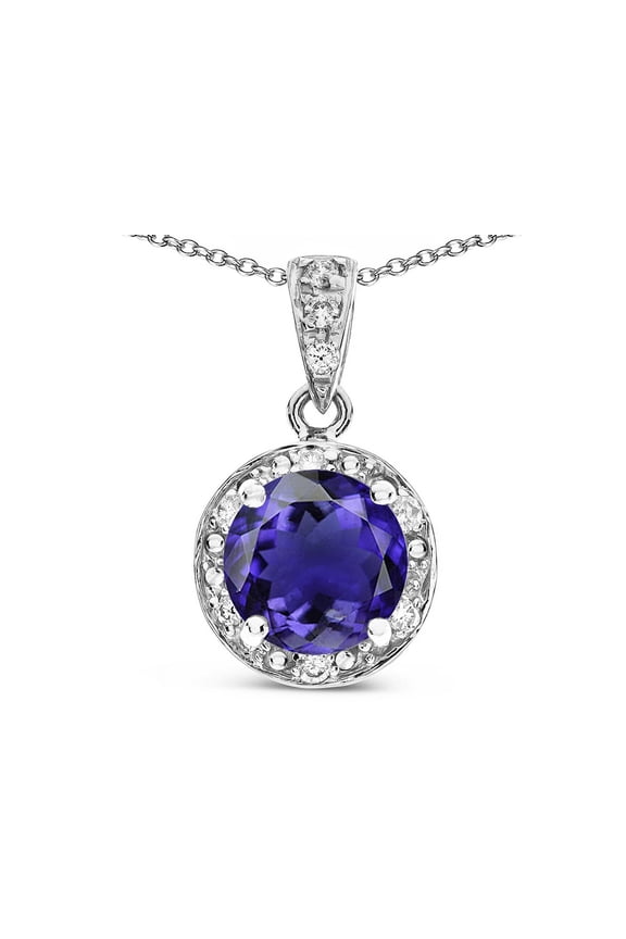 Round 7mm Genuine Iolite Classic Halo Pendant Necklace