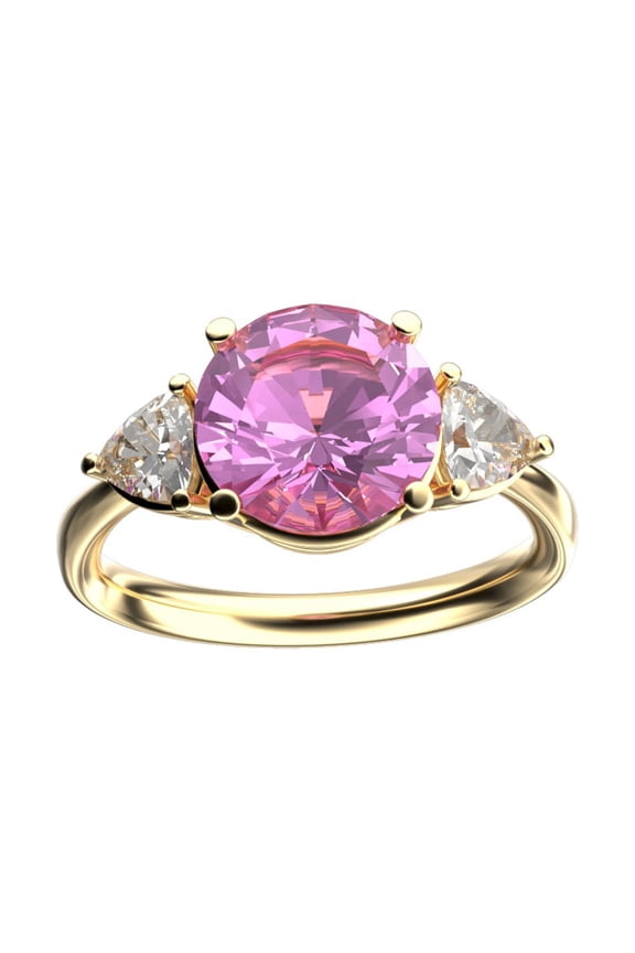 � Three 3 Stone 8mm Round Created Pink Sapphire Trillion Engagement Promise Comfort fit Ring