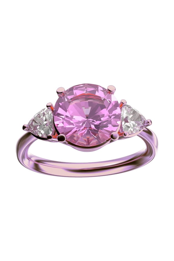 � Three 3 Stone 8mm Round Created Pink Sapphire Trillion Engagement Promise Comfort fit Ring