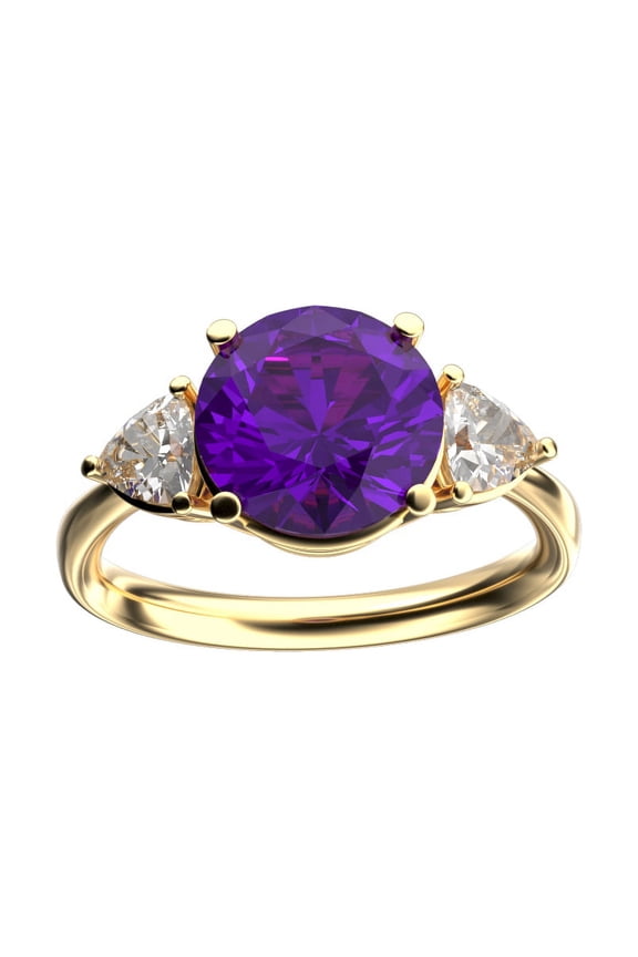 � Three 3 Stone 8mm Round Genuine Amethyst Trillion Engagement Promise Comfort fit Ring