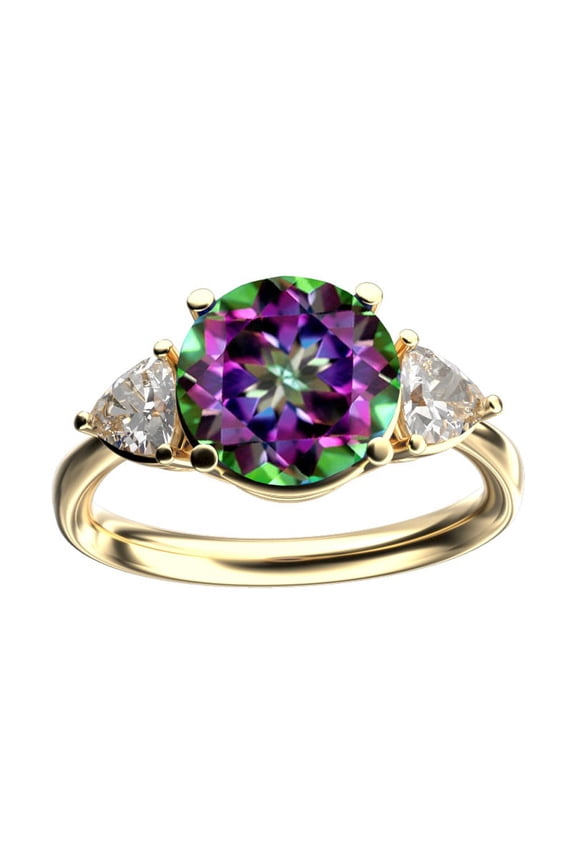 � Three 3 Stone 8mm Round Rainbow Mystic Topaz Trillion Engagement Promise Comfort fit Ring