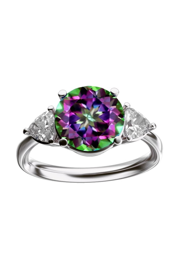 � Three 3 Stone 8mm Round Rainbow Mystic Topaz Trillion Engagement Promise Comfort fit Ring