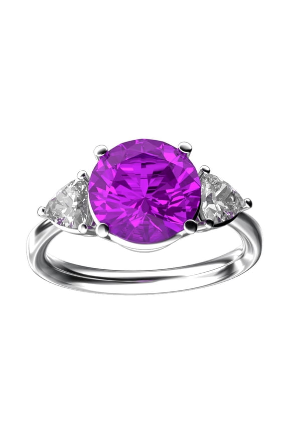 � Three 3 Stone 8mm Round Simulated Pink Tourmaline Trillion Engagement Promise Comfort fit Ring